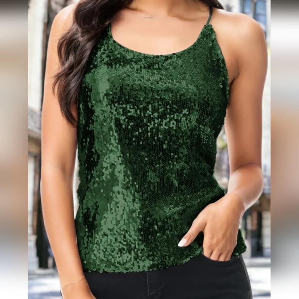 Anna Kaci Shimmering Spaghetti Strap Razor Back Tank Green Size Small
